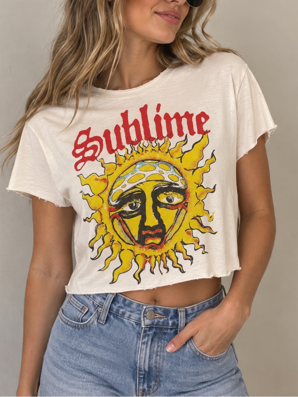 Sublime Women’s Small White Sun Logo Cropped Band T-Shirt 90s Y2K California